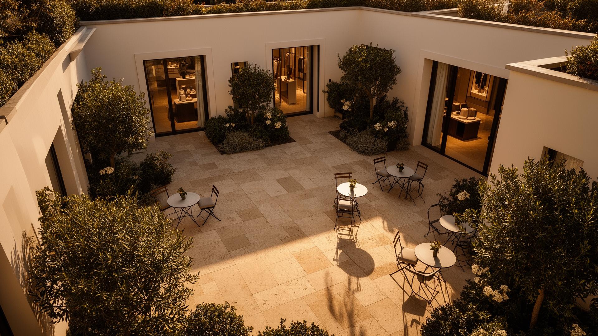 A sunlit limestone courtyard threaded with olive trees and bistro tables at golden hour.